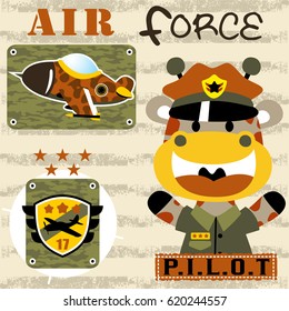 Funny giraffe in pilot uniform, air force element, vector cartoon illustration