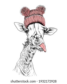 Funny Giraffe in the pink knitted hat with pom pom. Humor card, t-shirt composition, meme, hand drawn style print. Vector illustration.