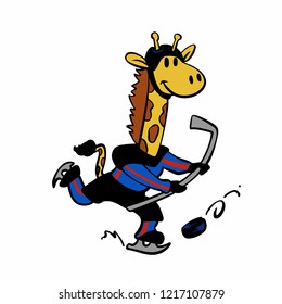 Funny giraffe playing hockey Vector illustration
