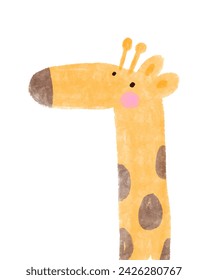 Funny Giraffe Portrait. Lovely Nursery Vector Art with Cute Hand Drawn Giraffe on a White Background. Childish Drawing-like Safari Party Print Perfect for Card, Wall Art, Kids' Room Decoration. RGB.