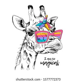 Funny Giraffe in a rainbow glasses, mane and unicorn horn. I am so magical - lettering quote. Humor card, t-shirt composition, hand drawn style print. Vector illustration.