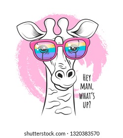 Funny giraffe in a rainbow glasses vector poster and t-shirt design