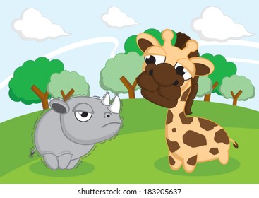 A funny giraffe and rhino