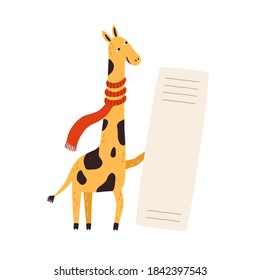 Una jirafa divertida con una bufanda vacía con una pancarta vacía. Animales salvajes que muestran signos verticales o tarjetas con lugar para texto. Ilustración de dibujos animados vectoriales planos aislados en fondo blanco