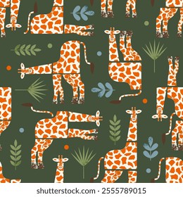 Funny giraffe seamless pattern. Green background with cute animals