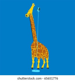 Funny giraffe singing into an old microphone against a blue background.