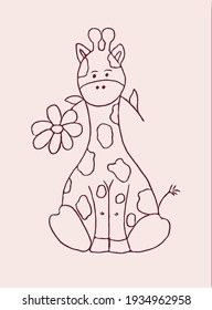 funny giraffe sits with a flower in his mouth