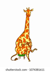 Funny giraffe sitting on a chair and waiting for something. Colorful vector sketch in cartoon style. Card design.