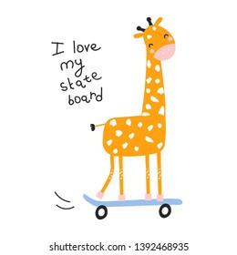 Funny giraffe skates. Cute kids summer print. Vector hand drawn illustration. 