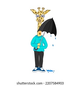 Funny giraffe stands with an umbrella