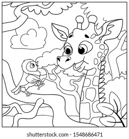 Funny giraffe talking to a small bird. Coloring book for children. Cartoon vector illustration.