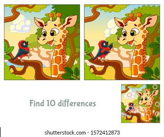 Funny giraffe talking to a small bird. Find 10 differences. Educational game for children. Cartoon vector illustration.