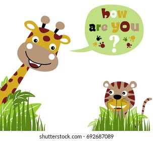 Funny giraffe with tiger, vector cartoon illustration