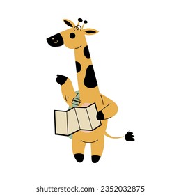 Funny Giraffe Traveler Character with Backpack and Map Examine Route Vector Illustration