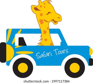 Funny giraffe travels in a jeep. Safari tours. Vector