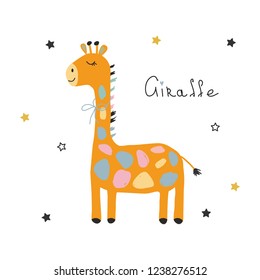 Funny giraffe. Vector illustration is drawn by hand for printing on children's clothes, dishes, bed linen, packaging with children's goods. Cute baby background.