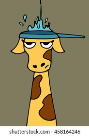 Funny giraffe - vector illustration. Giraffe with a frying pan on his head.