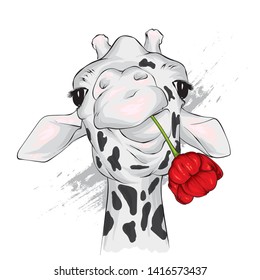 Funny giraffe. Vector illustration for greeting card or poster. Flower. Print on clothing or printed materials. Wild animal.