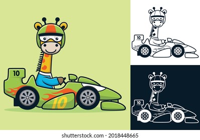 Funny Giraffe Wearing Helmet Driving Racing Car. Vector Cartoon Illustration In Flat Icon Style