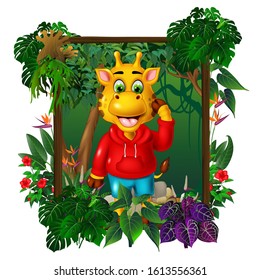 Funny Giraffe Wearing Red Jacket In Forest With Tropical Plant And Wood Square Frame Cartoon