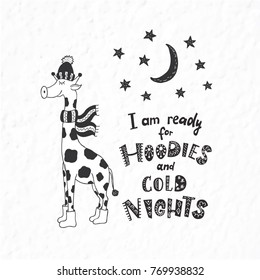 Funny giraffe. Winter postcard with quotes and phrases. Hand drawn lettering with decorative elements. Scandinavian style. Nursery art.