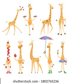 Funny giraffes. Giraffes in a cartoon style, is isolated on white background.Trendy design little kids giraffes. Collection In different poses