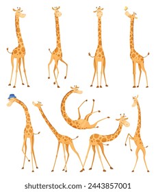 Funny giraffes. Giraffes in a cartoon style, is isolated on white background. Trendy design little kids giraffes. Collection In different poses