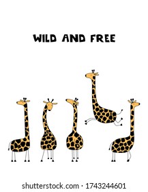 Funny giraffes isolated on white background. Wild and free. Vector illustration.