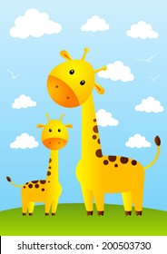 Funny giraffes on meadow background