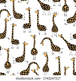 Die lustigen Giraffen sind nahtlos. Zeichnen Sie wilde Tiere auf weißem Hintergrund für Ihr Design. 
