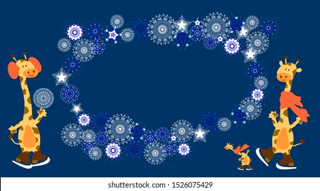 Funny giraffes skate. Have a happy and snowy winter. Snow frame for text. New Year's and Christmas.