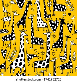 Funny giraffes sketch, seamless pattern your design. Vector illustration