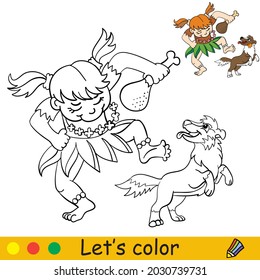 Funny girl in aborigine costume dancing with dog. Halloween concept. Coloring book page for children with colorful template. Vector cartoon illustration. For print, preschool education and game
