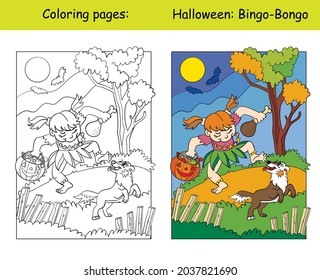 Funny girl in aborigine costume dancing with dog. Halloween concept. Coloring book page for children with colorful template. Vector cartoon illustration. For print, decor, preschool education and game