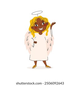 Funny girl in angel costume isolated on a white background. Halloween or Christmas carnival. Vector illustration. Happy and cute child. Character design. For stickers, kids design, holiday banners