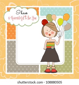 Funny girl with balloon, birthday greeting card