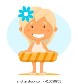 Funny girl in a bathing suit. Vector illustration on the theme of the summer and relaxing on the beach