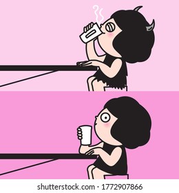 Funny Girl Before And After Having Her Cup Of Coffee Concept Card Character illustration
