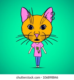 funny girl with big cat head. vector illustration