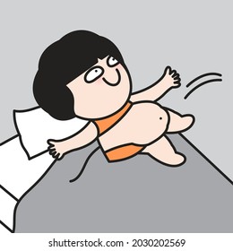 Funny Girl With Big Tummy is Falling Backwards From Leap On Bed Concept Card Character illustration