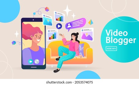 Funny girl blogger. Smiling female influencer talking shooting live video in front of mobile. live streaming concept. talking to blog audience. social media network vector illustration.