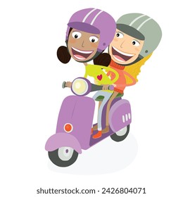 Funny girl and blonde girl driving a scooter. Vector Illustration.