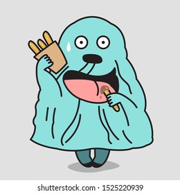 Funny Girl In Blue Cloth Ghost Feeling Scary From Her Own Giant Monster Tummy Mouth While Eating Snacks. Concept Of Spooky Halloween Card Character illustration