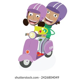 Funny girl and funny boy driving a scooter. Vector Illustration.