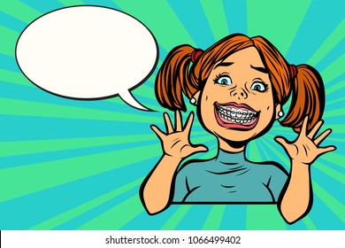 Funny girl with braces. dental medicine and health, dentistry. Comic cartoon pop art retro vector vintage illustration