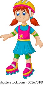 funny girl cartoon plying roller skates 