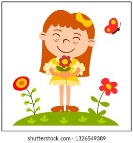 Funny girl in cartoon style with flower on green meadow isolated on white background.