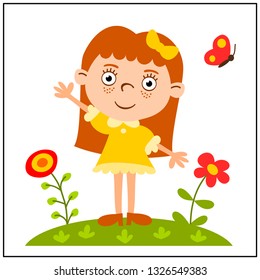 Funny girl in cartoon style on flower meadow isolated on white background.