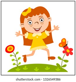 Funny girl in cartoon style running through a flower meadow, isolated on a white background.