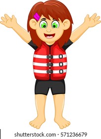 Funny Girl Cartoon Wearing Life Jacket
